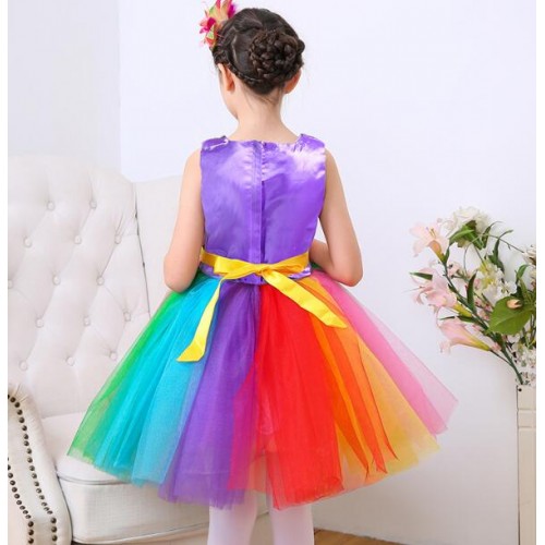 Girls princess modern dance dresses singer chorus princesses rainbow colored stage performance costumes